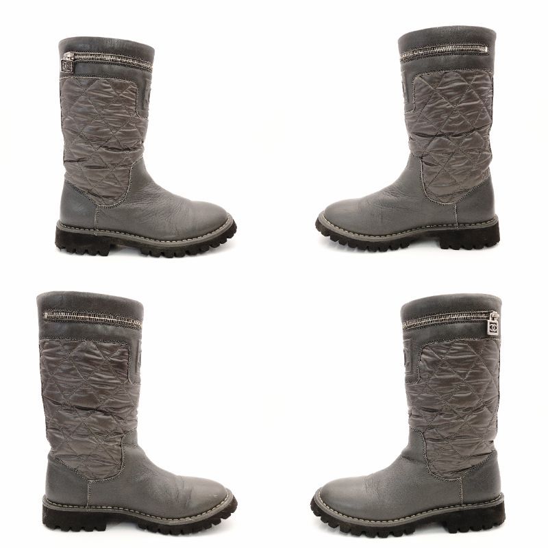 シャネル CHANEL ココクーン グレー ロングブーツ レザー CCロゴ 37 約