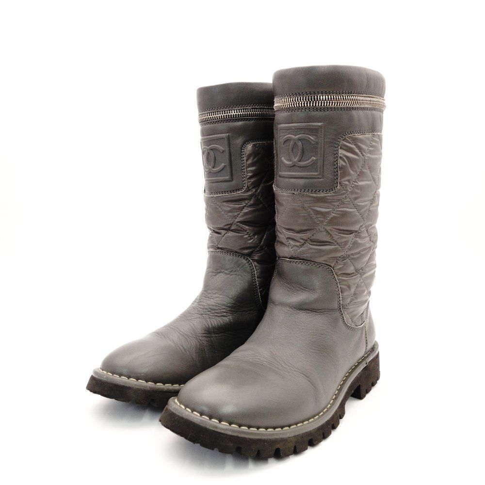 シャネル CHANEL ココクーン グレー ロングブーツ レザー CCロゴ 37 約