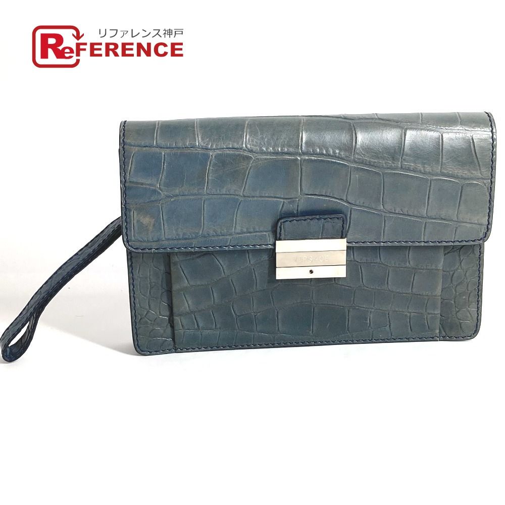 VERSACE ヴェルサーチ クラッチバッグ ロゴ 型押しレザー ブルー