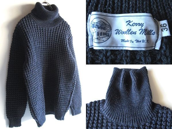 ケリーウーレンミルズ　タートルネック　ネイビー ニット 38 紺　セーター 英国製 KERRY WOOLLEN MILLS ケリーウーレンミルズ ウール ローゲージ