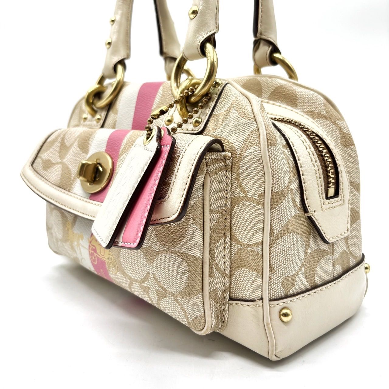 良品】 coach turnlock signature pvc handbag goldparts ladies beige 