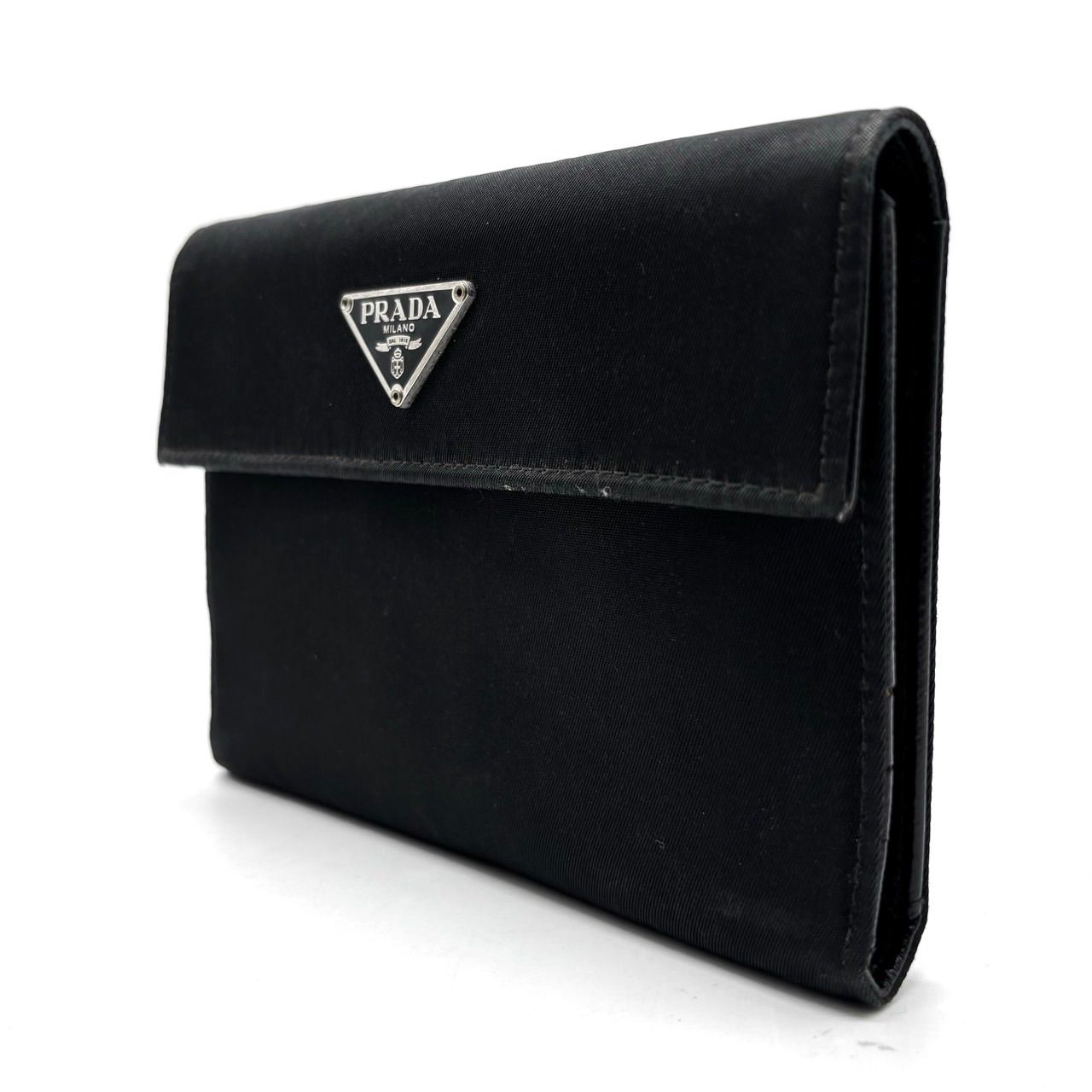 良品】PRADA プラダ 三つ折り財布 コンパクトウォレット 三角プレート 
