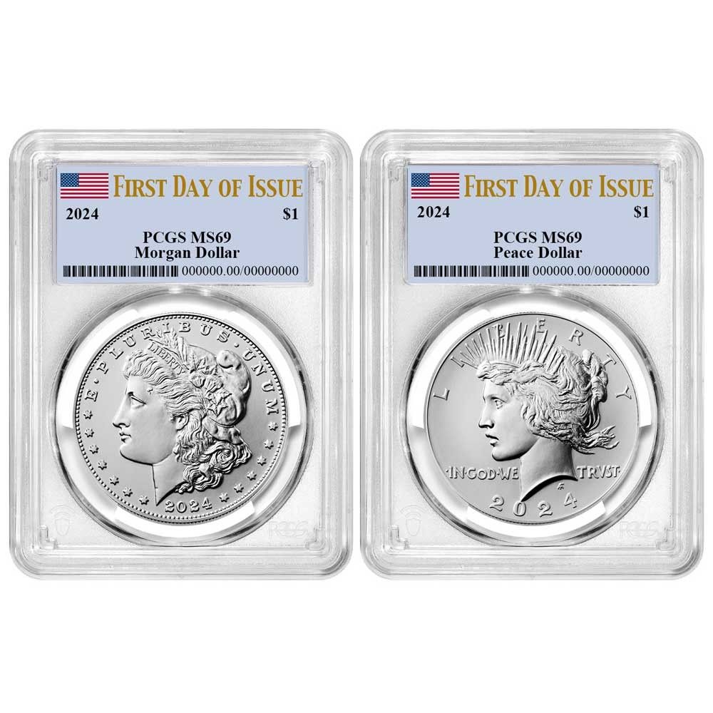 2024年 1ドル モルガン＆ピース銀貨 2枚セット PCGS MS69 FDOI 国旗