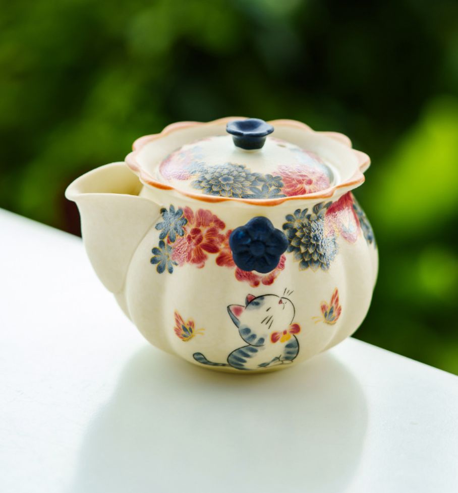 岩礦白 花口手抓急須 蝶々と花柄 萌え猫 高級陶磁器 175ml 日本茶