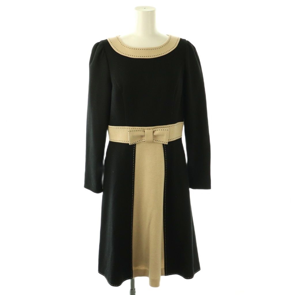 エムズグレイシー M'S GRACY ウール混 バイカラー リボン ワンピース