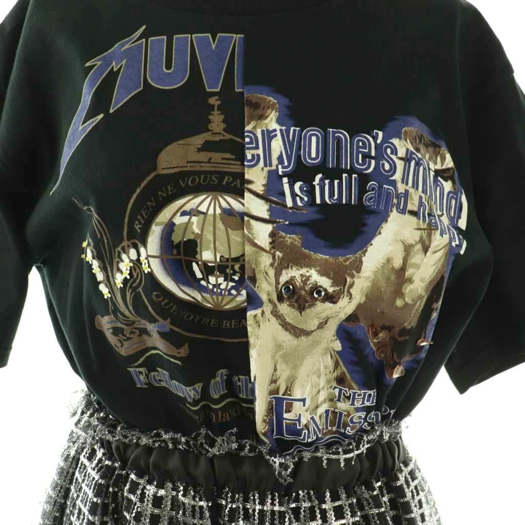 ★MUVEIL リメイク風ロックTシャツ ネイビー ミュベール ミュベール muveil ロックTコンビワンピース ロング 半袖 36 ブラック