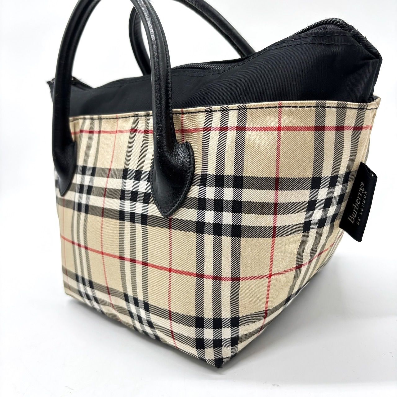 良品 BURBERRY ハンドバッグ キャンバス ノバチェック ロゴプレート 