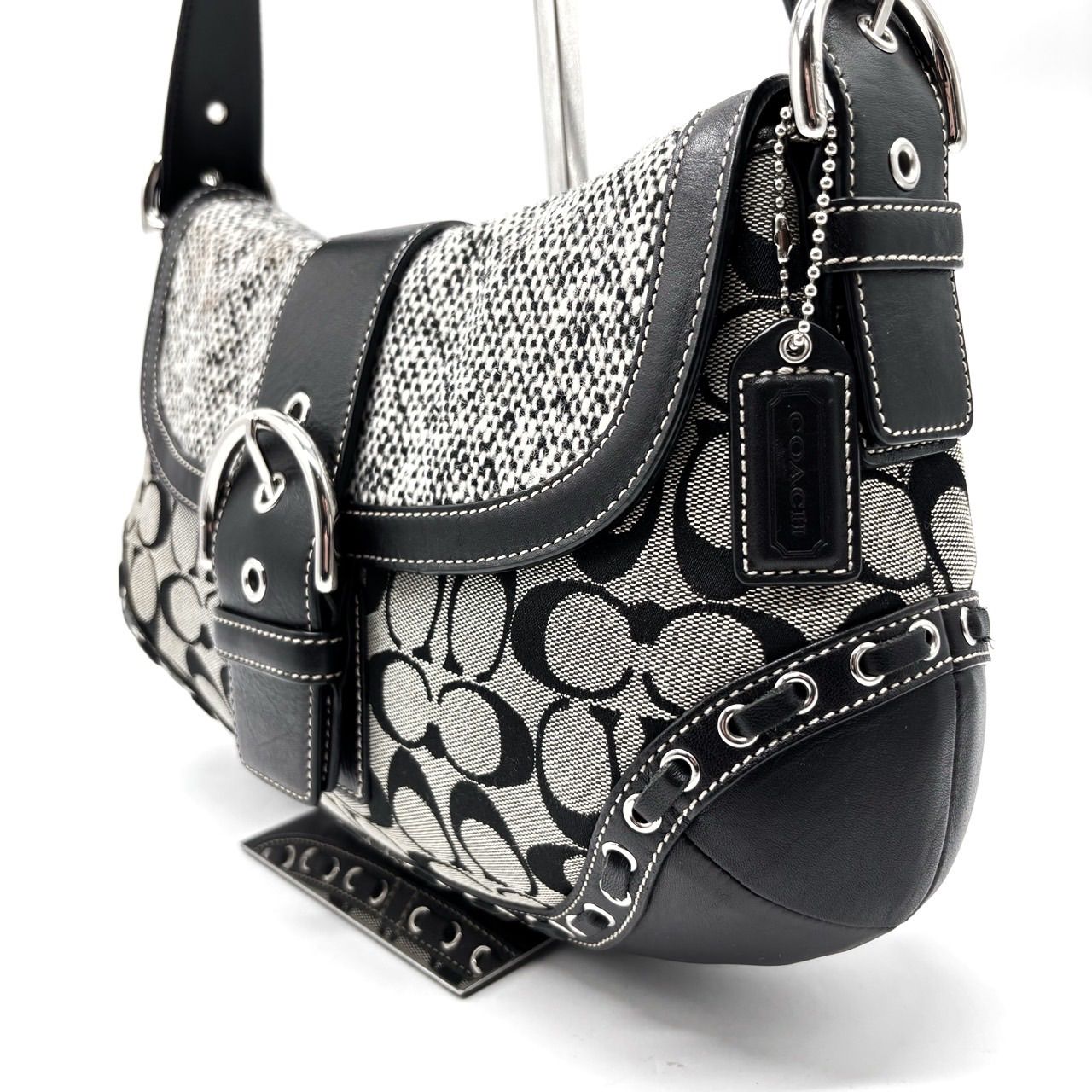 美品】COACH Y2K signature canvas leather black gray wool flap hobo 