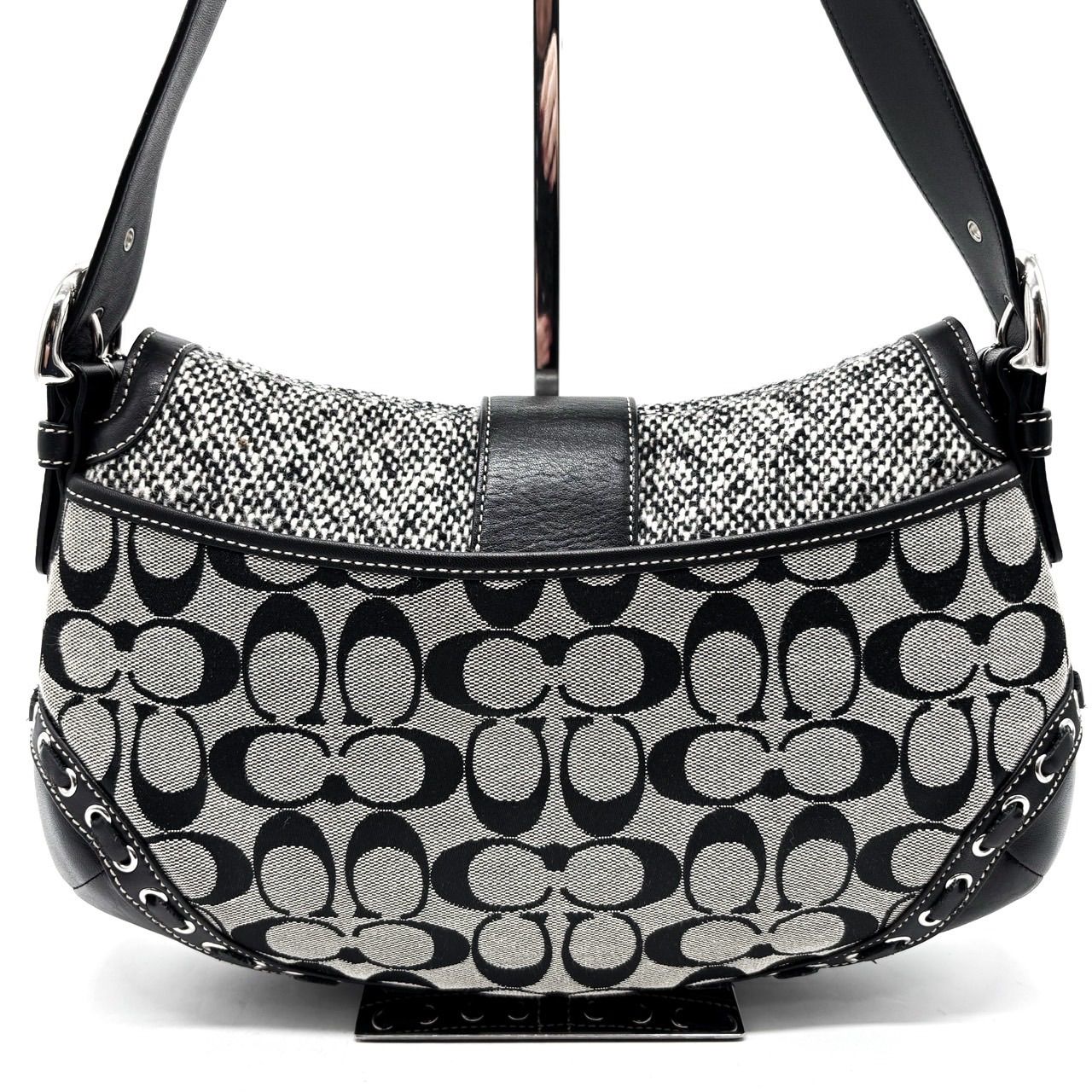 美品】COACH Y2K signature canvas leather black gray wool flap hobo 