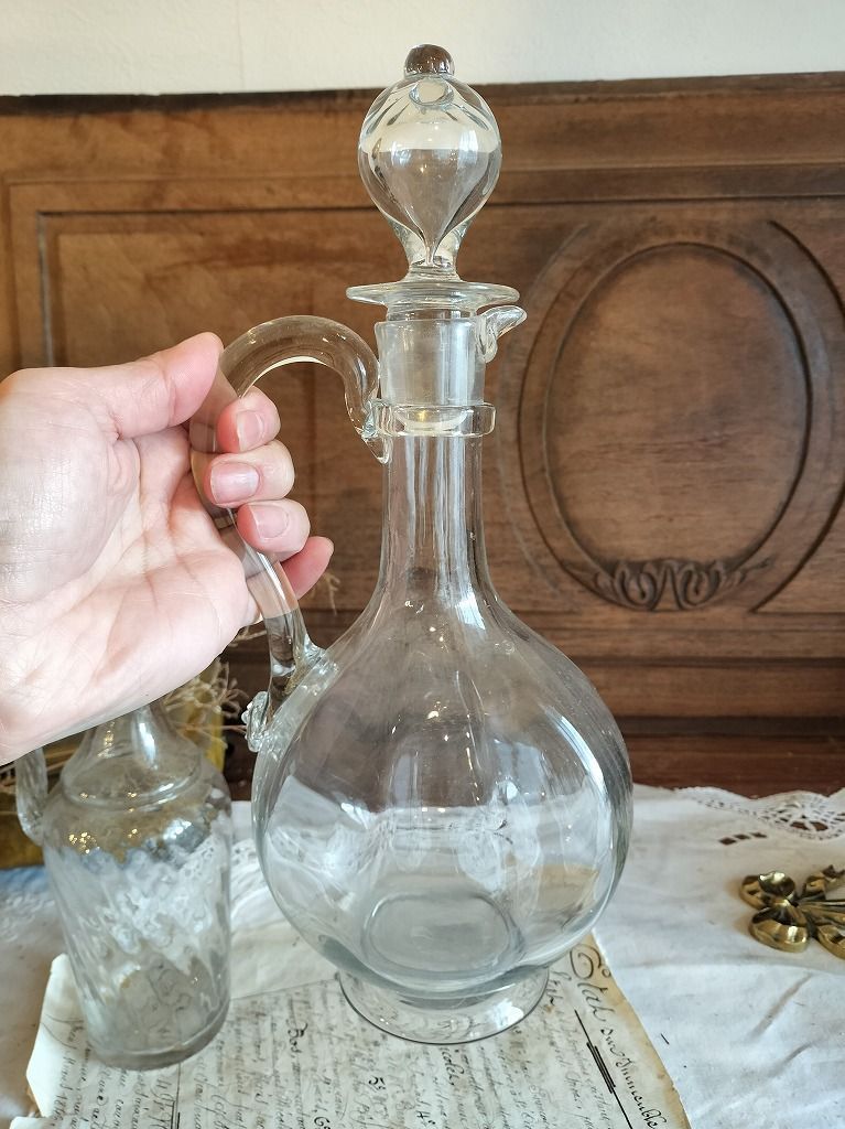 フランス アンティーク ガラス ポット ピッチャー 花瓶 2点セット