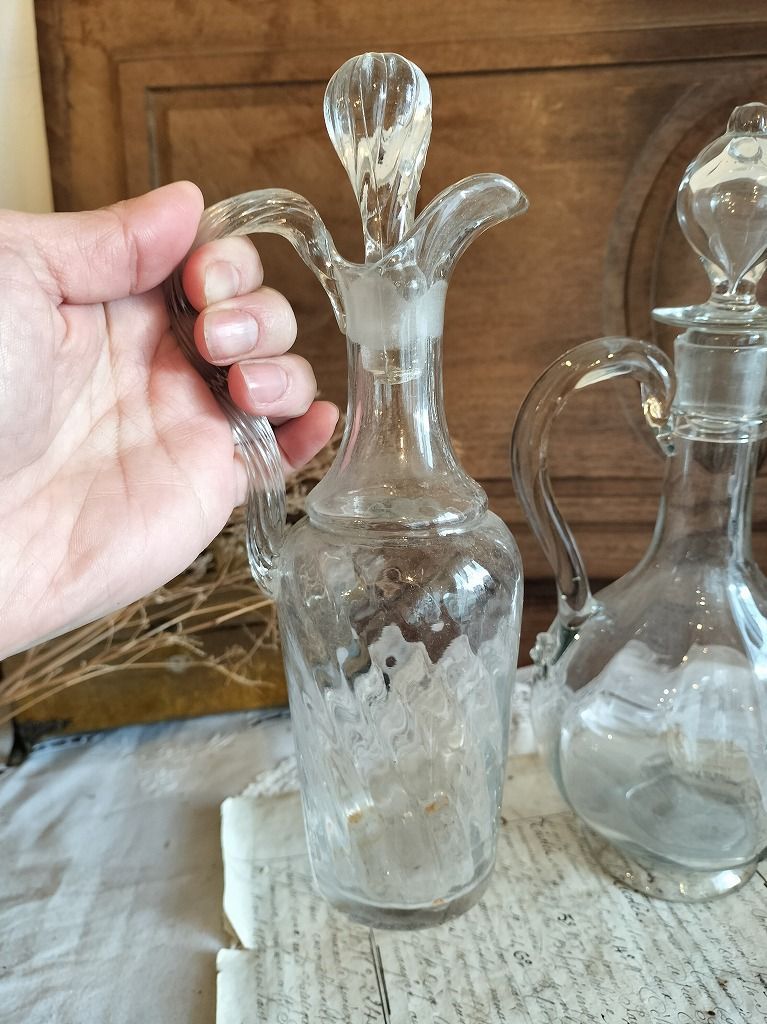 フランス アンティーク ガラス ポット ピッチャー 花瓶 2点セット