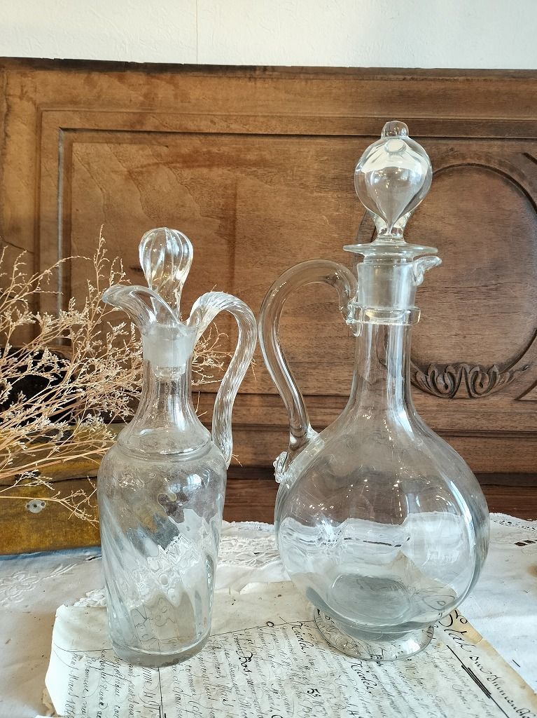 フランス アンティーク ガラス ポット ピッチャー 花瓶 2点セット