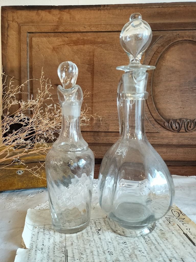 フランス アンティーク ガラス ポット ピッチャー 花瓶 2点セット