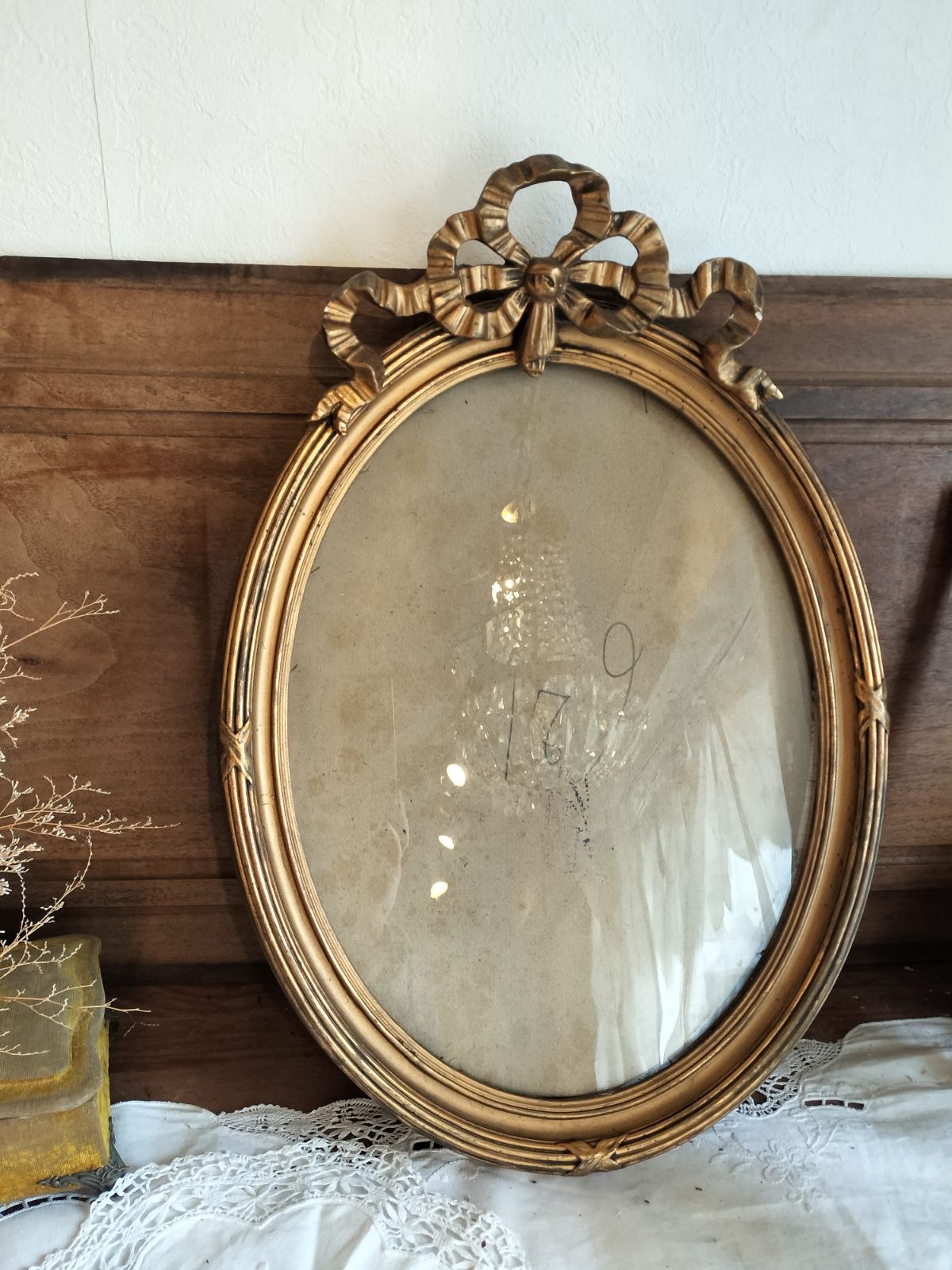 フランス アンティーク ゴールド 木製 リボン装飾 オーバル フレーム