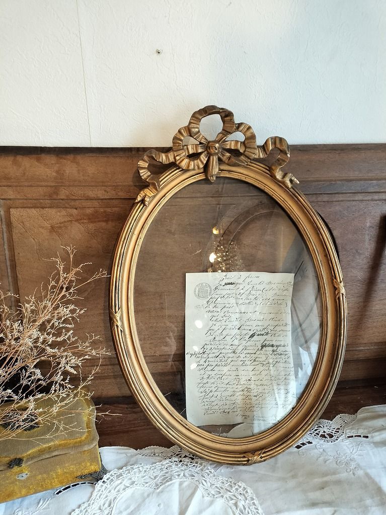 フランス アンティーク ゴールド 木製 リボン装飾 オーバル フレーム