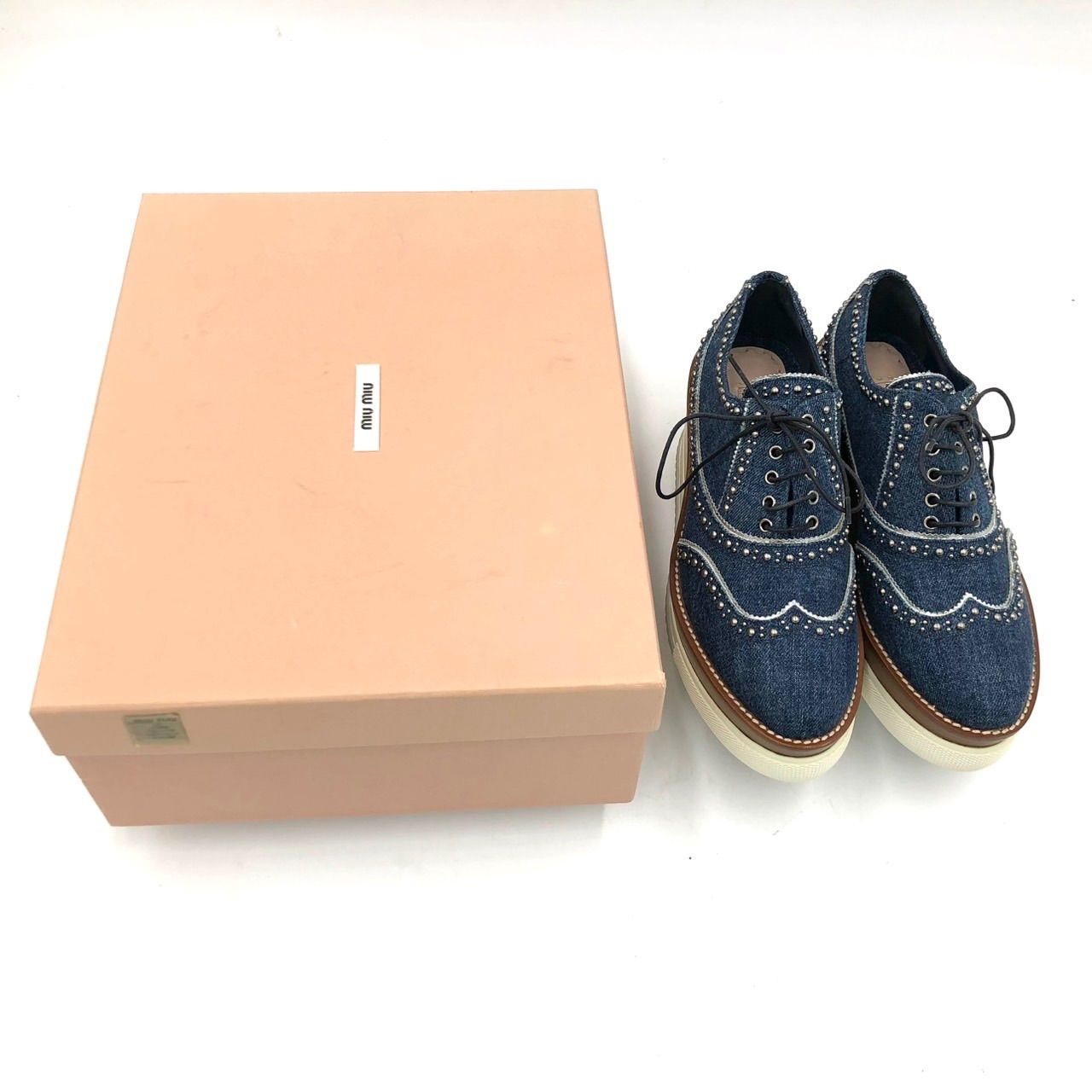 ミュウミュウ 厚底 レースアップ シューズ デニム スタッズ 青 37 23.5