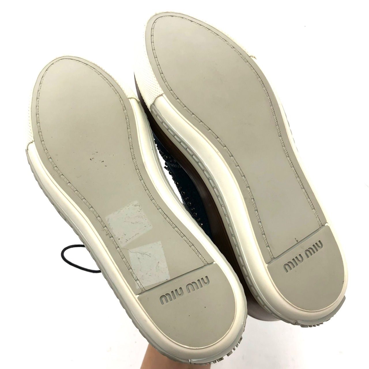 ミュウミュウ 厚底 レースアップ シューズ デニム スタッズ 青 37 23.5