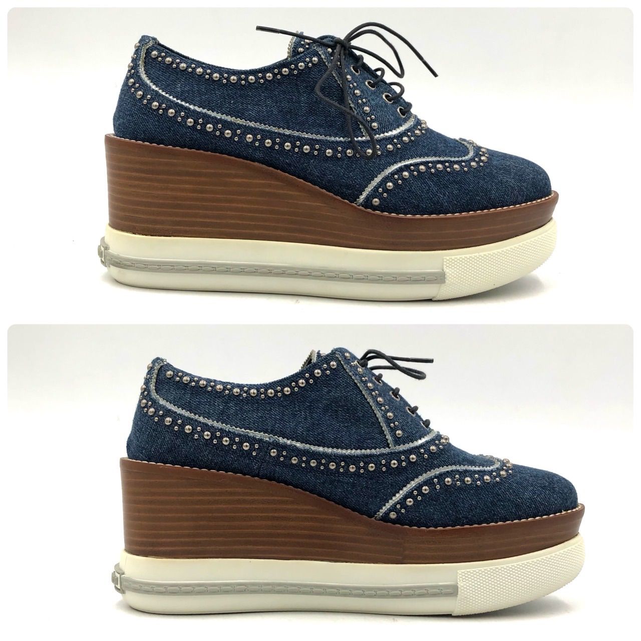 ミュウミュウ 厚底 レースアップ シューズ デニム スタッズ 青 37 23.5