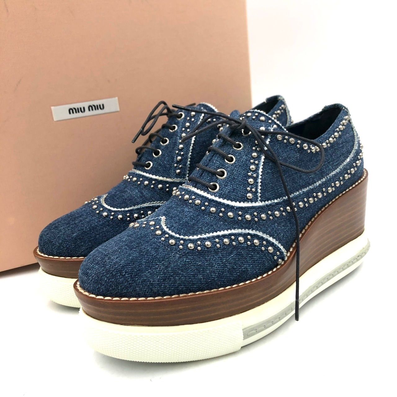 ミュウミュウ 厚底 レースアップ シューズ デニム スタッズ 青 37 23.5