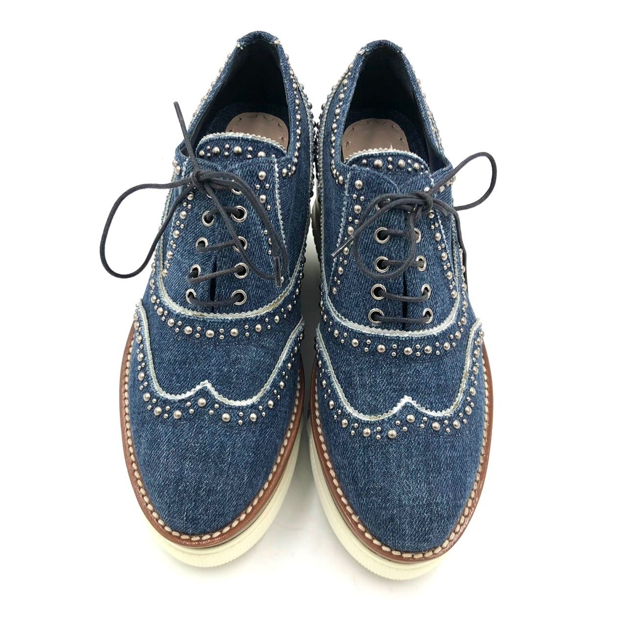 ミュウミュウ 厚底 レースアップ シューズ デニム スタッズ 青 37 23.5