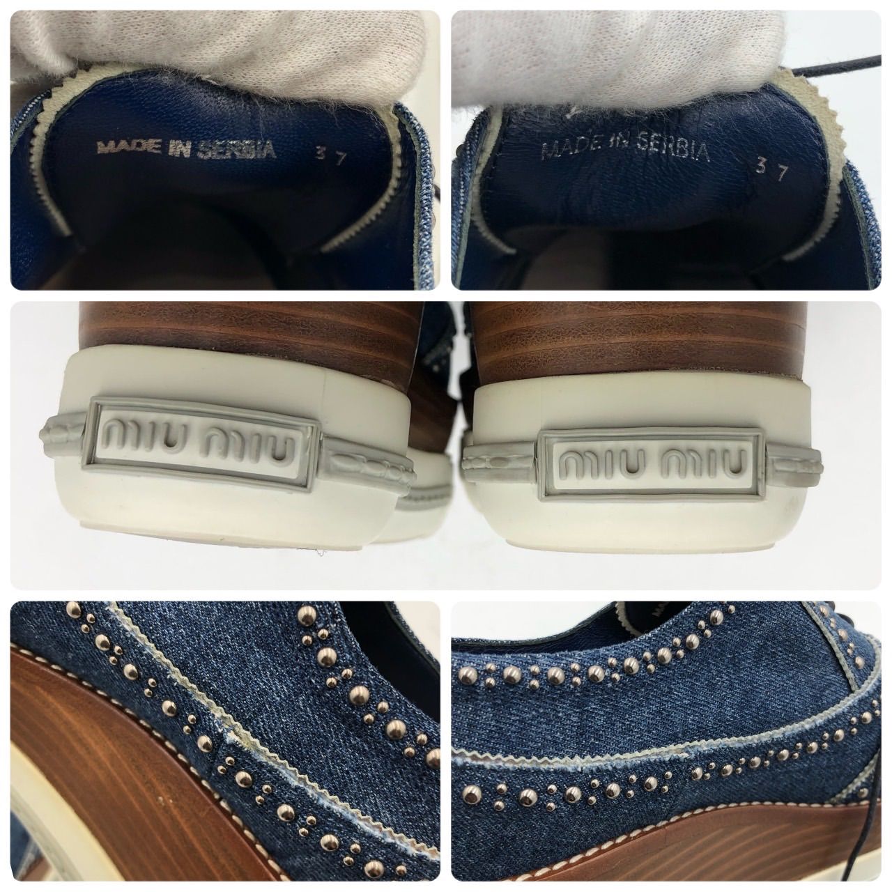 ミュウミュウ 厚底 レースアップ シューズ デニム スタッズ 青 37 23.5