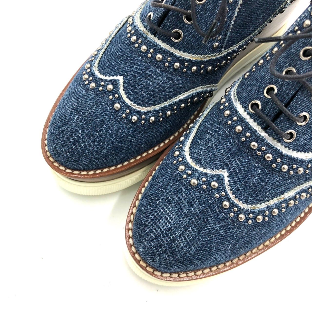 ミュウミュウ 厚底 レースアップ シューズ デニム スタッズ 青 37 23.5