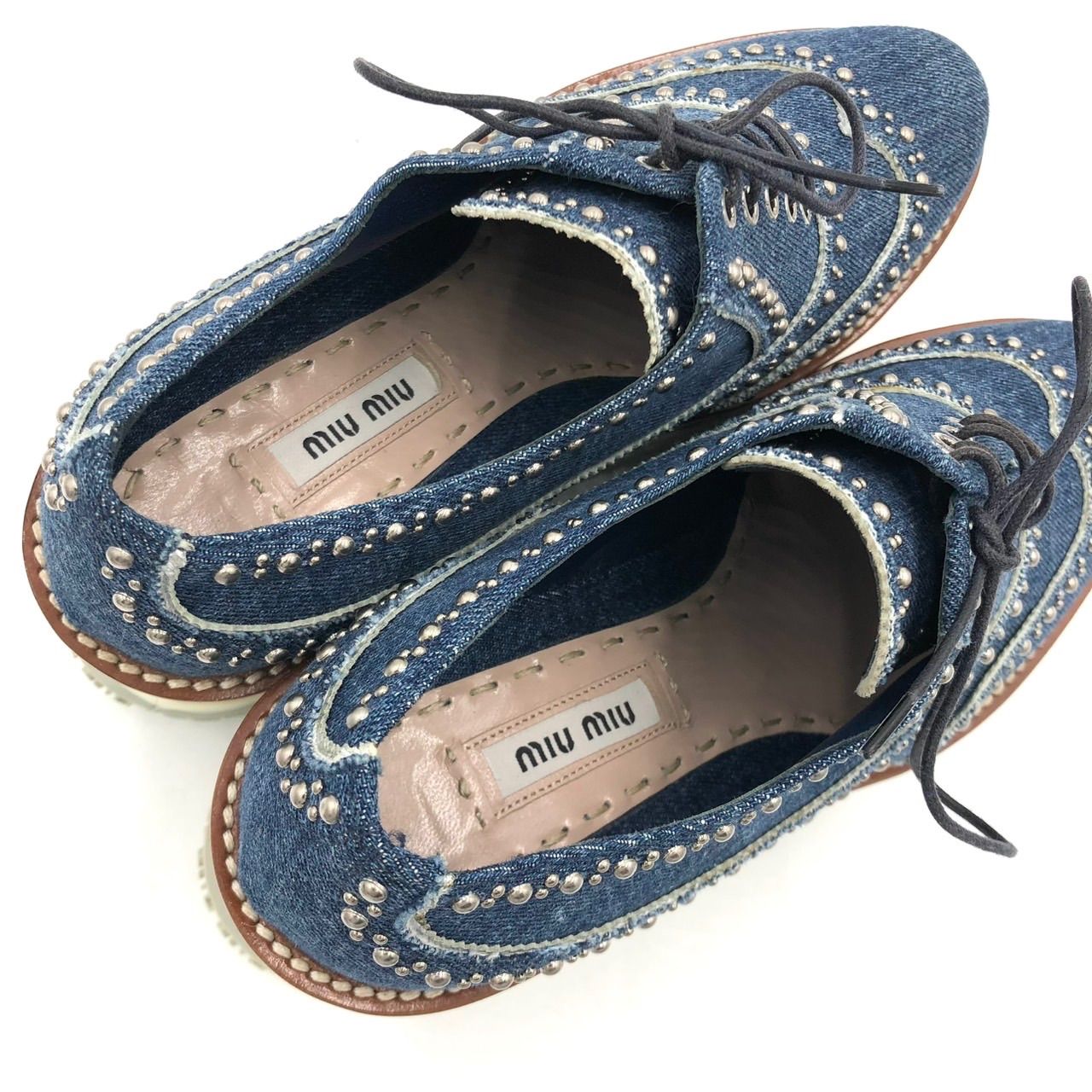 ミュウミュウ 厚底 レースアップ シューズ デニム スタッズ 青 37 23.5