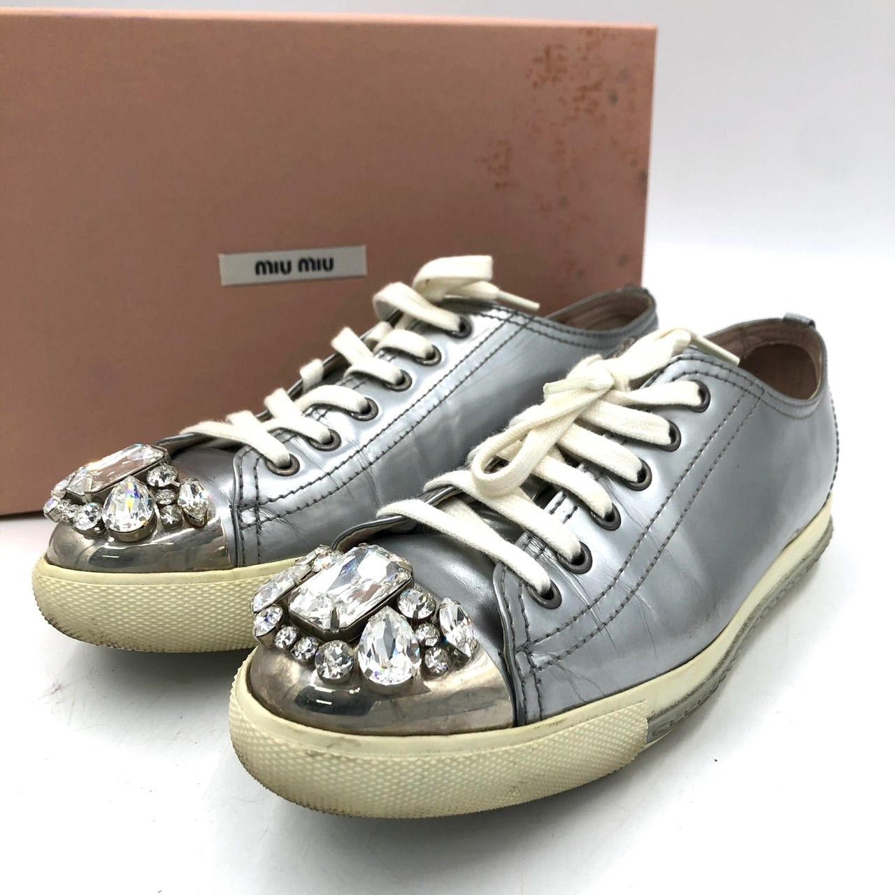 ミュウミュウ ビジュー スニーカー シルバー 37 23.5cm メタル 箱付