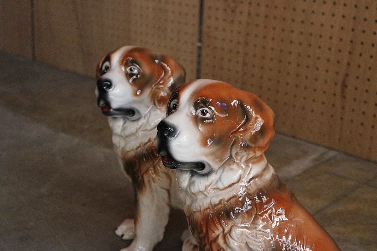 陶器製 子犬 二匹 置物 インテリア 可愛い ヴィンテージ 陶器 オブジェ 犬 2匹 セントバーナード 子犬 置物 インテリア 雑貨