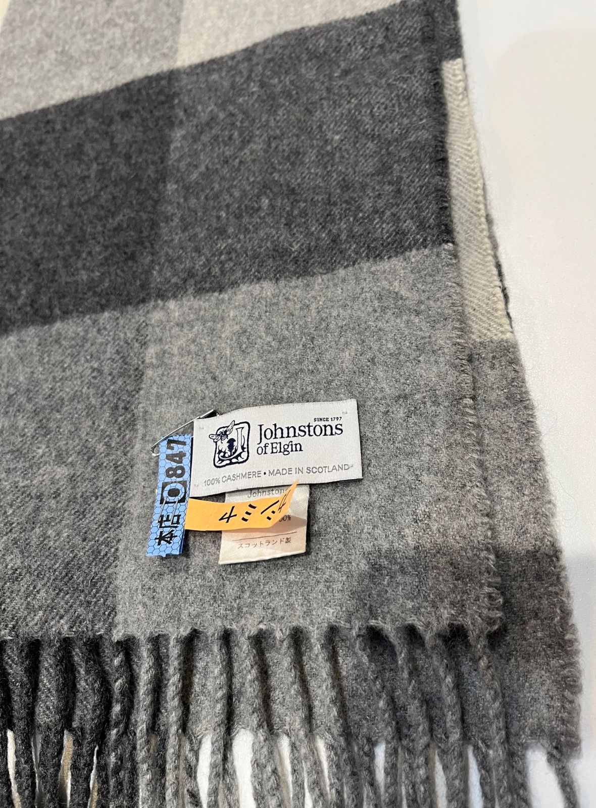 ジョンストンズ カシミヤ 大判ストール ブロックチェック グレー