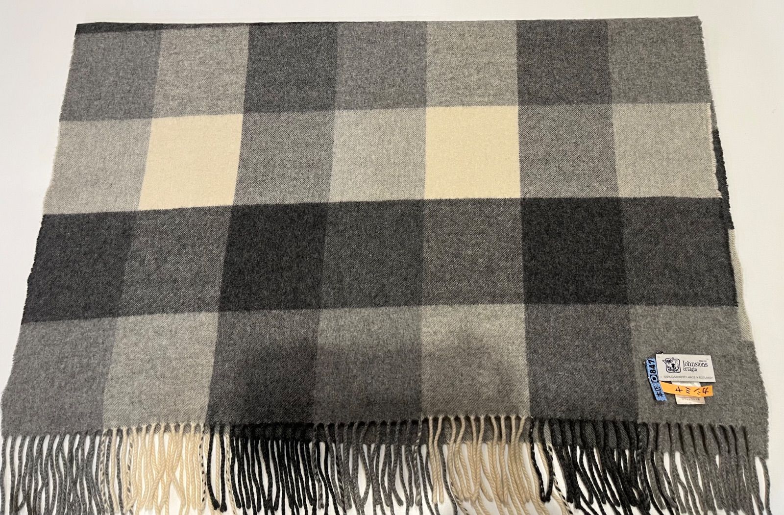 ジョンストンズ カシミヤ 大判ストール ブロックチェック グレー
