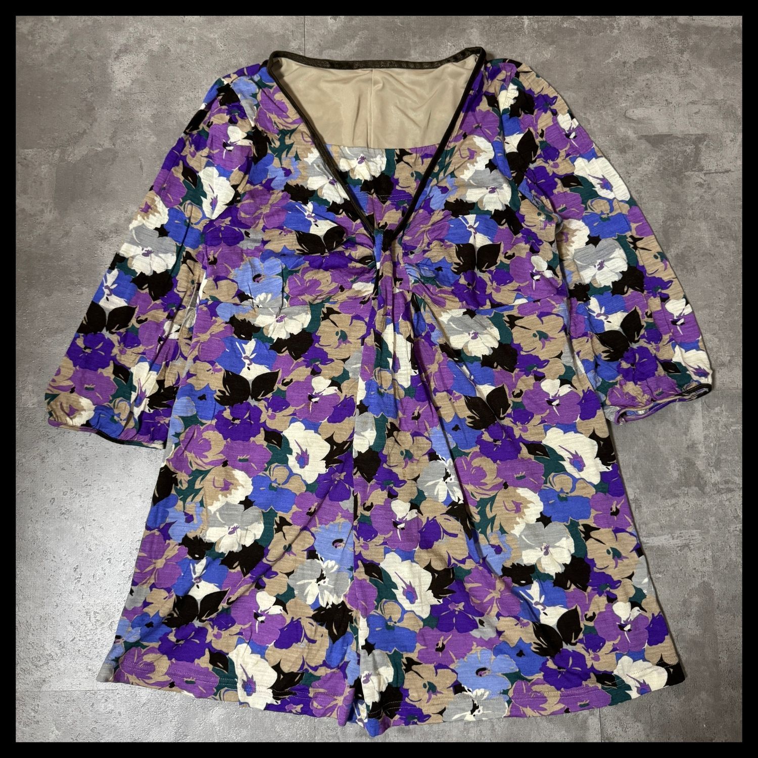 MORGRE 花柄チュニック Vネック 七分袖 総柄 パープル系 - メルカリ