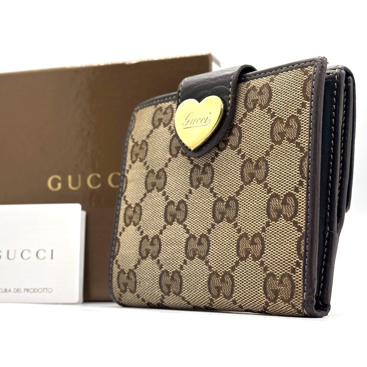 美品✨️グッチ 二つ折り財布 ラブリーハート レザー ブラック ピンク Wホック 甘さを仕込む✨ GUCCI 二つ折り財布 コンパクトウォレット GG