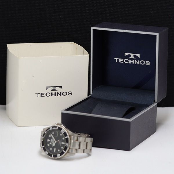 箱付 テクノス TAM629 QZ 黒文字盤 デイト メンズ腕時計 KRH 2000000