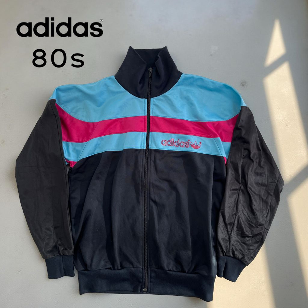 80s adidas トラックジャケット 香港製 M 水色 ピンク 黒 トレフォイル