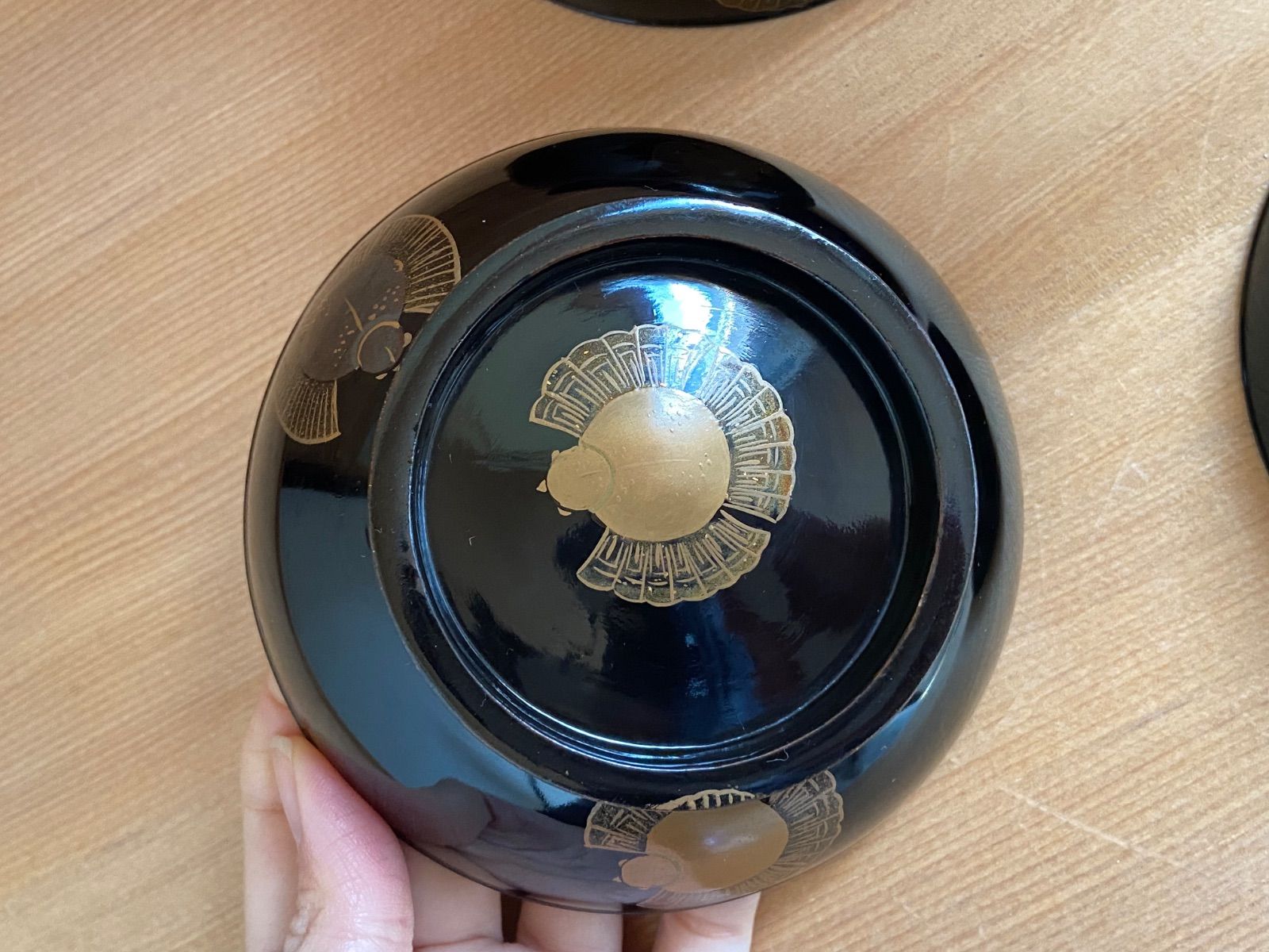 能登に伝わる古民芸 黒漆 福良雀蒔絵 煮物椀 2客 / 黒塗 漆器椀 菓子椀