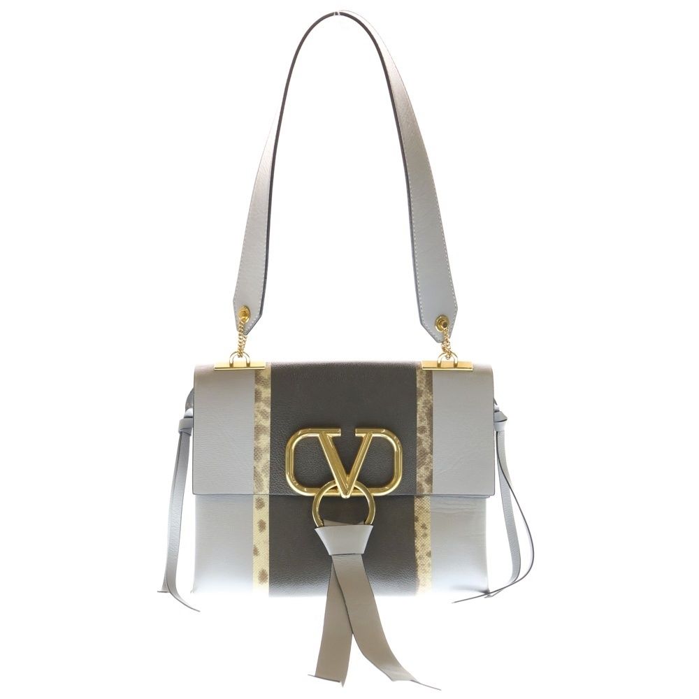 【良品】VALENTINO ハンドバッグ 2way Vロゴ サークルロゴ グレー VALENTINO (ヴァレンティノ) Vロゴ シグネチャー レザー ハンドバッグ