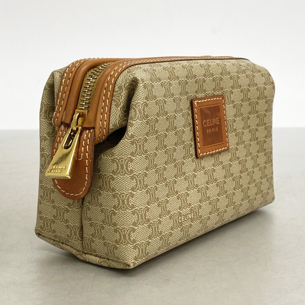 6ae5603-k】セリーヌ ポーチ マカダム PVC ベージュ ブラウン ゴールド