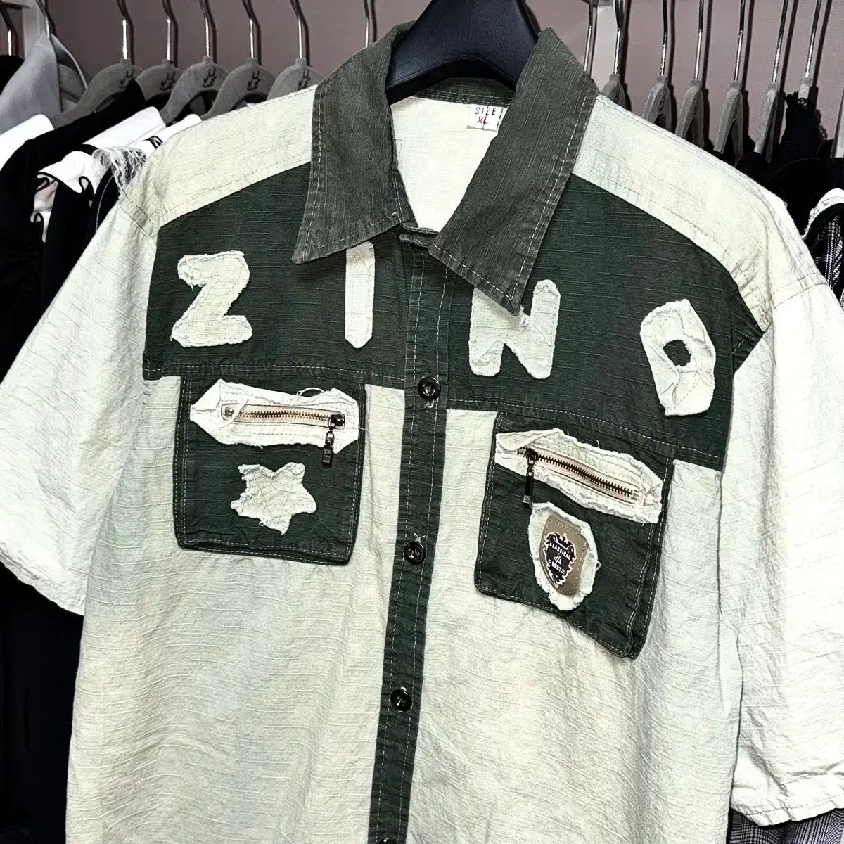 VTG ZINO ダメージ ウォッシュ リネン 半袖 シャツ ヴィンテージ Y2k パンク グランジ 綿麻デニムパール釦半袖シャツ | AND ON JIONE STORE（アンドオン