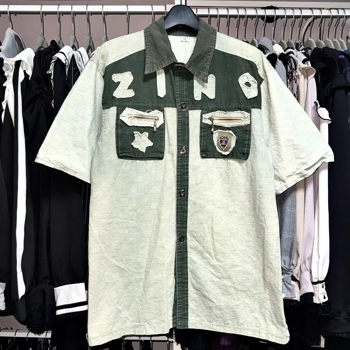 VTG ZINO ダメージ ウォッシュ リネン 半袖 シャツ ヴィンテージ Y2k パンク グランジ 綿麻デニムパール釦半袖シャツ | AND ON JIONE STORE（アンドオン