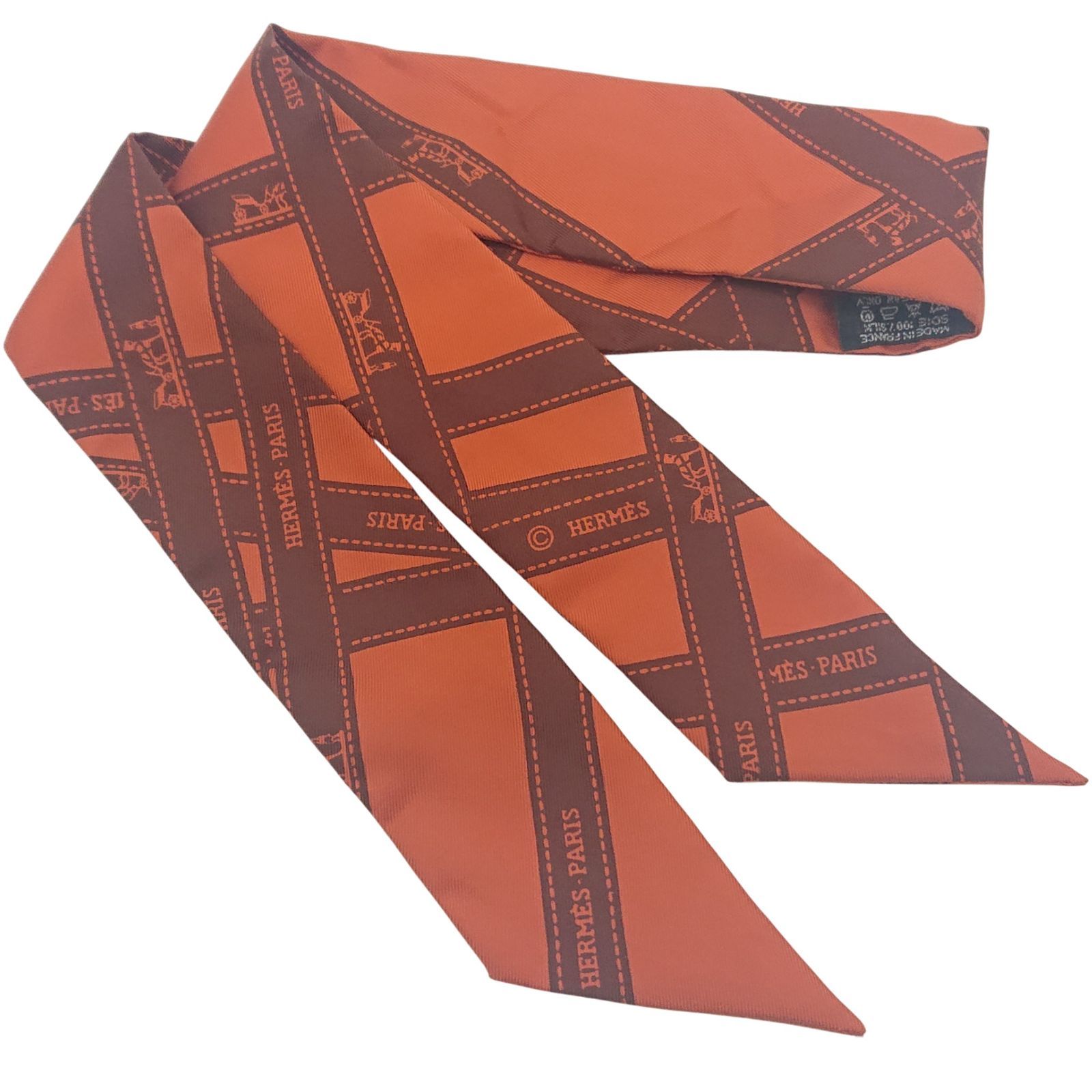 美品】HERMES エルメス ツイリー ボルデュック リボン柄 オレンジx