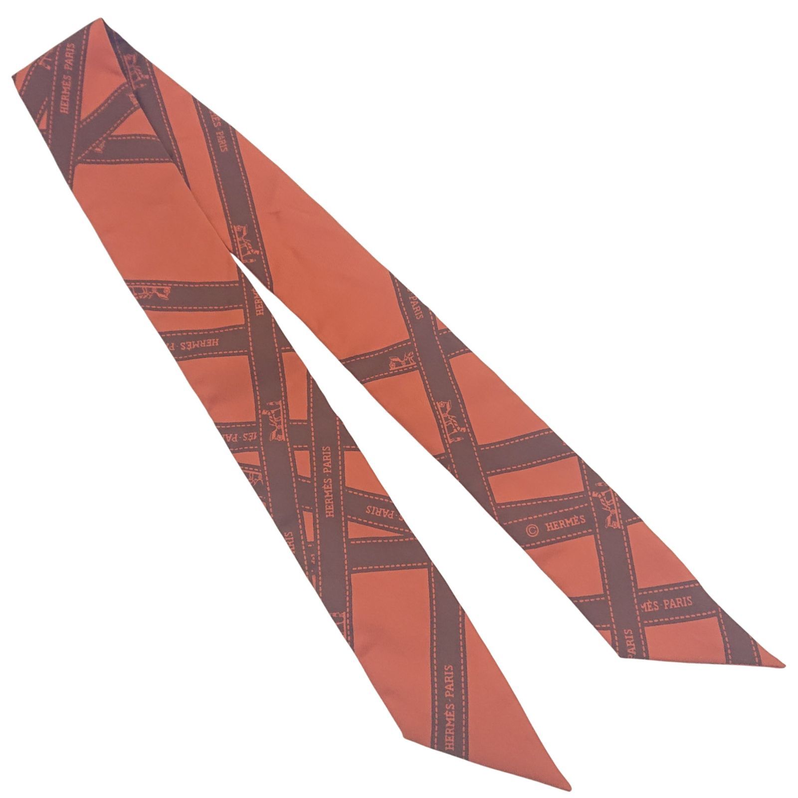 美品】HERMES エルメス ツイリー ボルデュック リボン柄 オレンジx