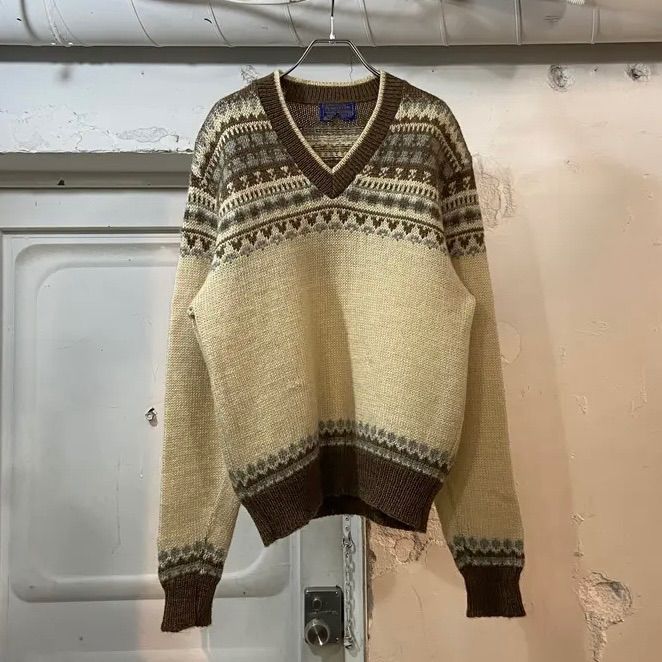 usa製70sペンドルトン Vネックウールニット セーター フェアアイル柄 杢 70s PENDLETON / ペンドルトン USA製 フェアアイル柄 V ネック ウール