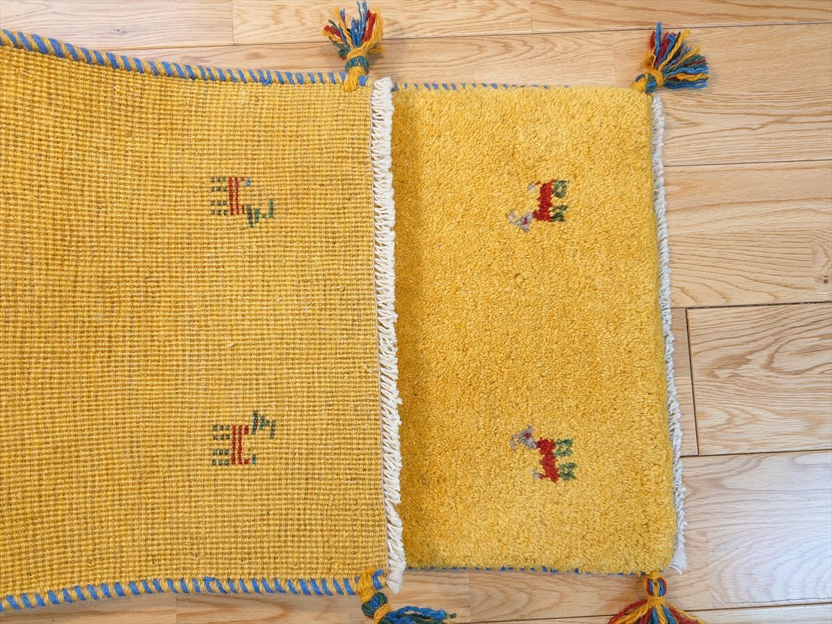 ペルシャ ギャッベ ミニランナー 125x43cm 黄色 ヤギ 羊 RJ15583