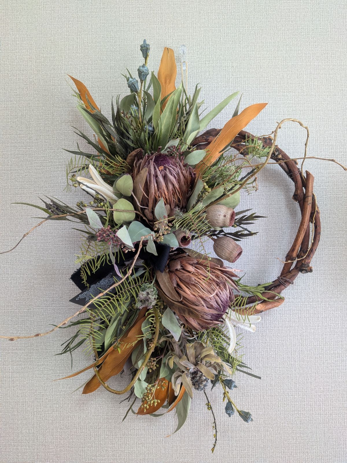 ＊フラワーリース＊　特大　プロテア　ネイティブフラワー　ナチュラルリース ✤大きなリース✤天然蔓ネイティブフラワーリース✴シャビーな色味