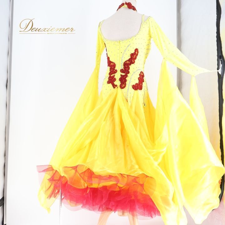 社交ダンス 衣装 スタンダードドレス ワンピース ドレス 黄色 フリル