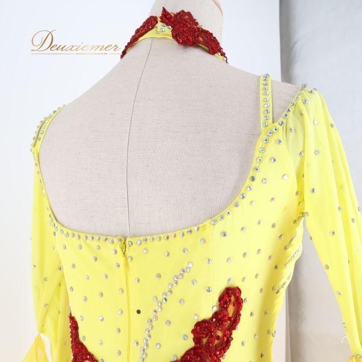 社交ダンス 衣装 スタンダードドレス ワンピース ドレス 黄色 フリル