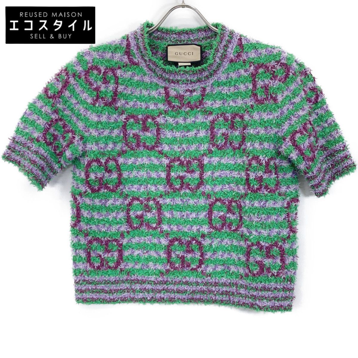 GUCCI グッチ 695796 ｸﾞﾘｰﾝ×ﾊﾟｰﾌﾟﾙ ｺｯﾄﾝ ﾏｷｼGG 半袖ﾆｯﾄ S - メルカリ