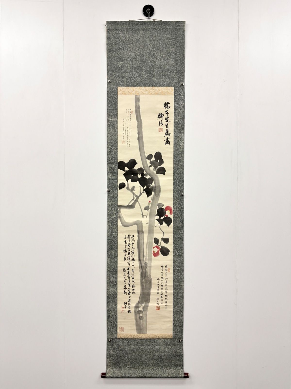 掛軸 M.87 陳師曾、羅振玉、錢玄同 茶花の図 落款印あり ＃茶掛＃古