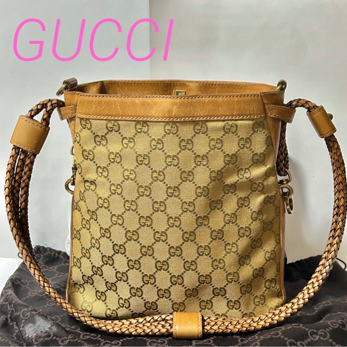 GUCCI GGキャンバス 109106 002058 ショルダーバッグ 編み込みレザー